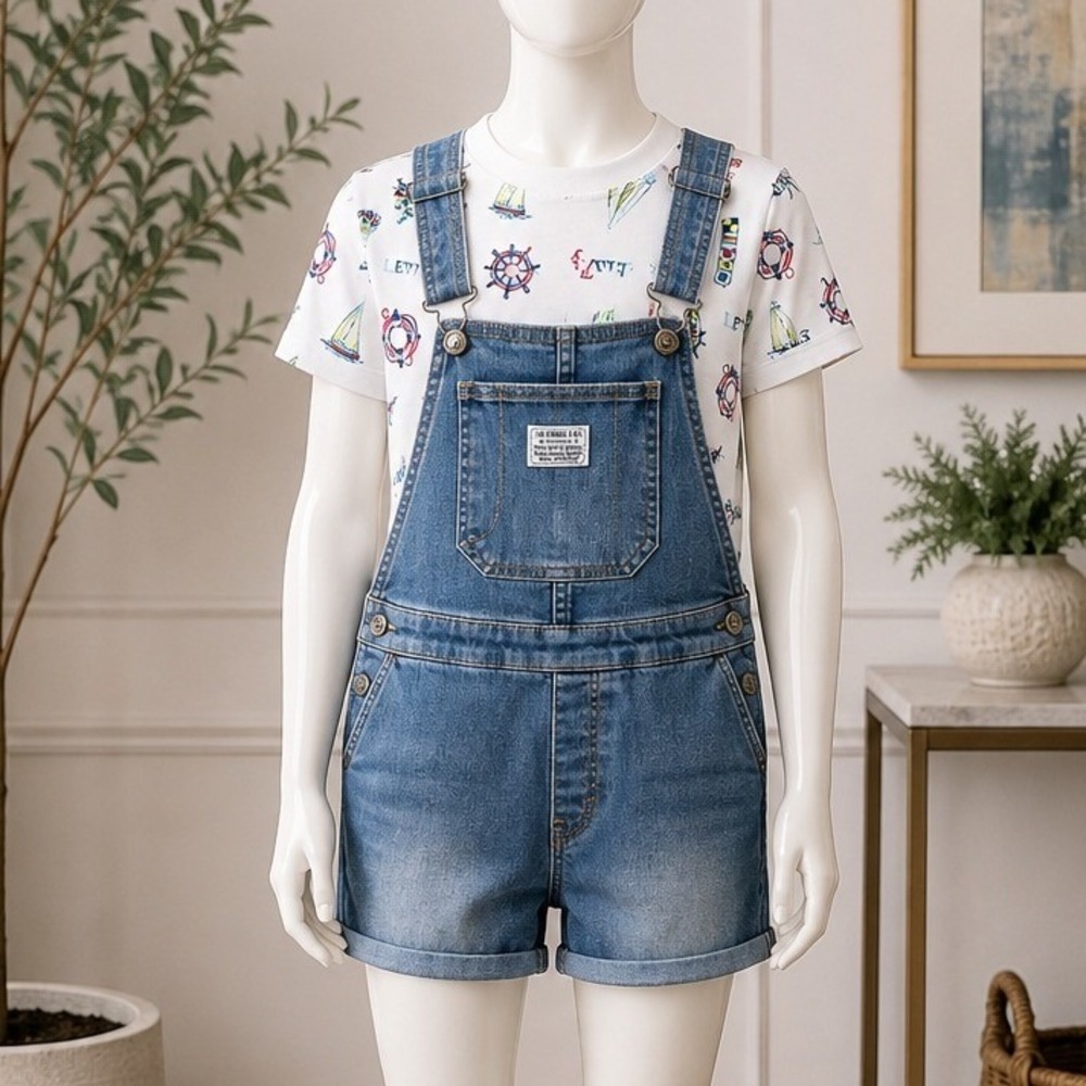 Levi's Boys Two Piece Set Nautical Sailboat Tee and Denim Shortalls Size 6